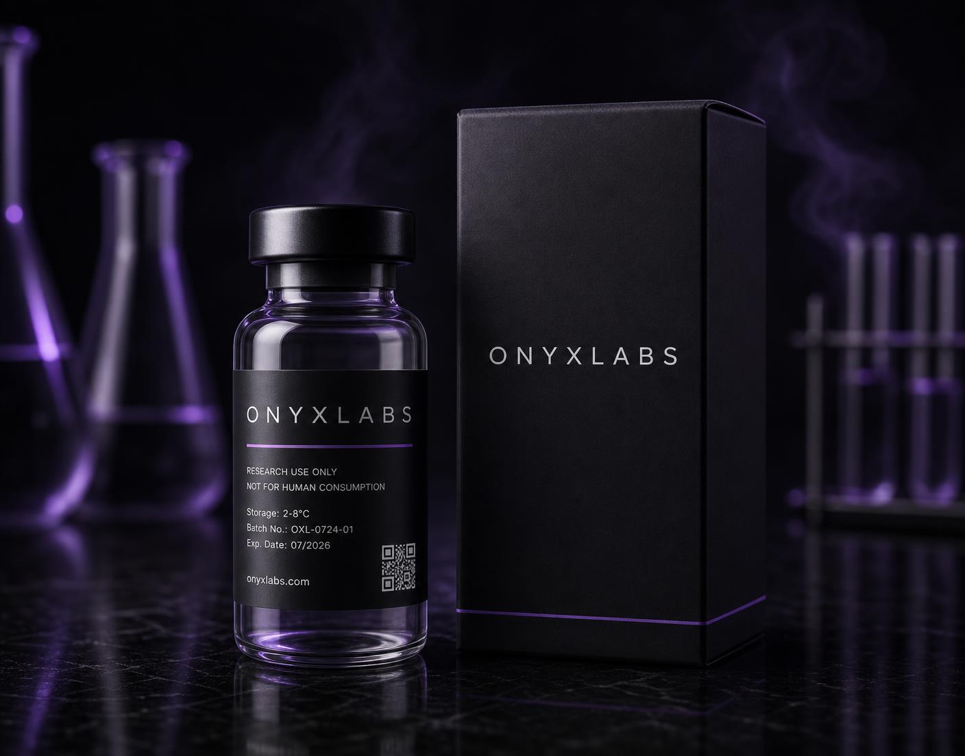 OnyxLabs black-label research vial beside matte black packaging on a dark laboratory surface
